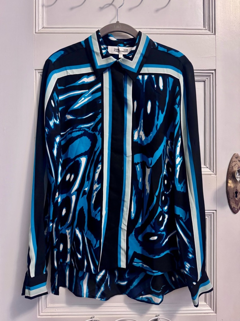 Diane Von Furstenberg Teal and Black Abstract Button-Down Shirt